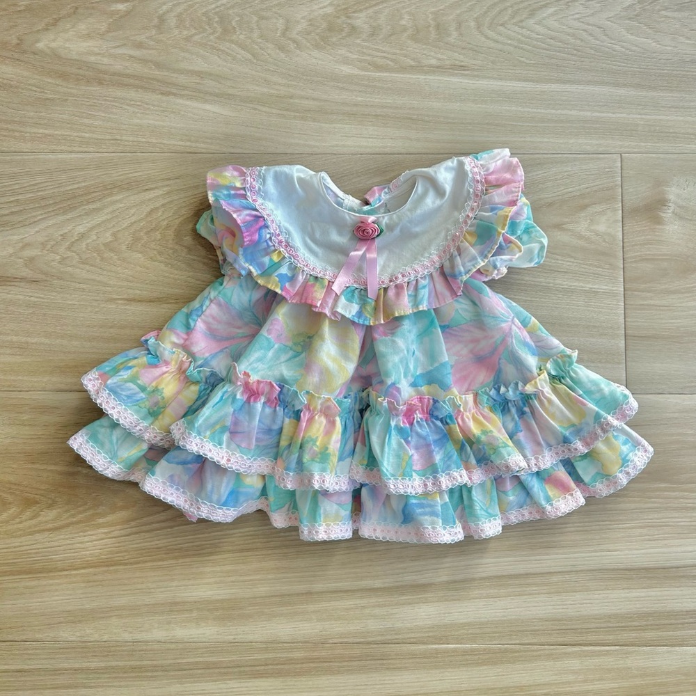 VTG 6 9 months Easter Pastel Floral Ruffle Baby Doll Dress with Peter Pan Collar